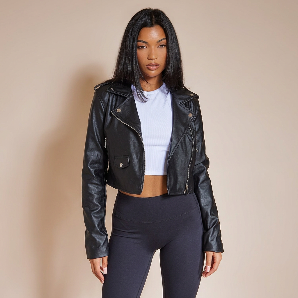 Women’s Cropped Black Faux Leather Biker Jacket – Slim Fit Moto Outerwear