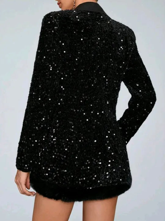 Women’s Glamorous Black Sequin 2-Piece Suit Set – Tailored Blazer & Straight Pants
