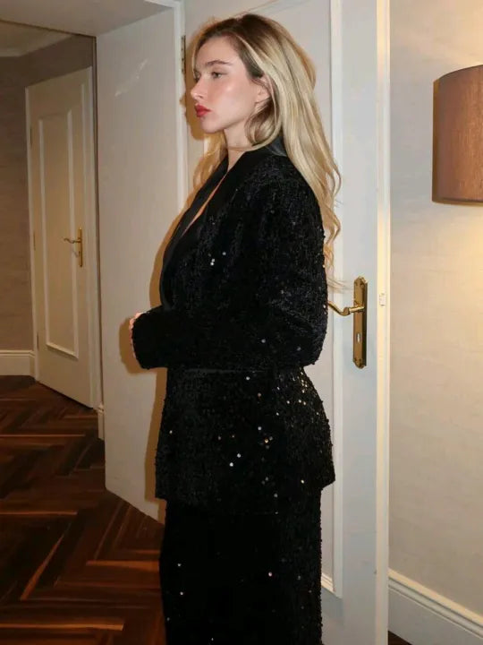 Women’s Glamorous Black Sequin 2-Piece Suit Set – Tailored Blazer & Straight Pants